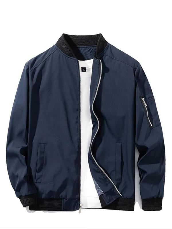 Men's Zip Up Pocket Bomber Jacket, Casual Long Sleeve Stand Collar Windproof Outerwear Coat with Pockets for Spring & Fall, Men's Clothes for Daily Wear