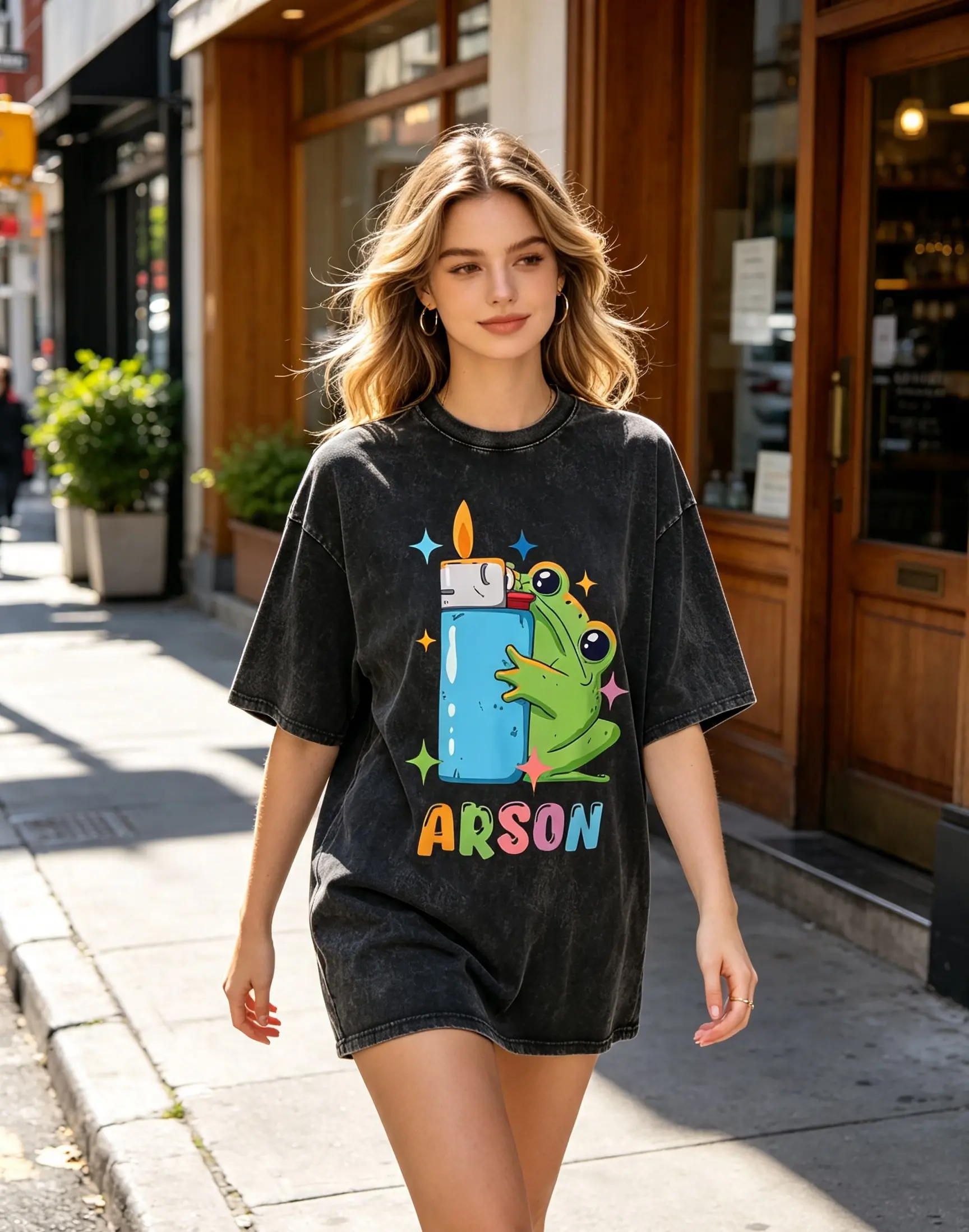 Women's Casual Arson Frog Graphic T-Shirt, Smooth Solid Cotton Top with Seamless Design - Lightweight All Seasons Tee for Comedy Lovers, Fabric, Round Neck