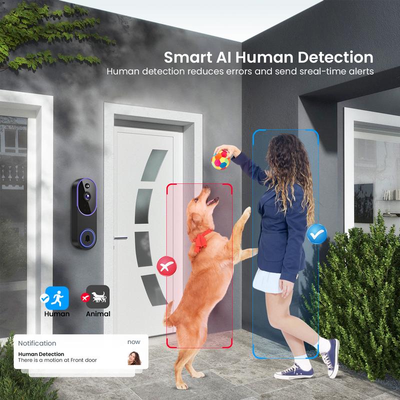 Wireless Video Doorbell Camera, Smart Security Doorbell Camera, 1080P, AI Human Detection , Night Vision, Instant Alert, Two Way Audio, 2.4G WiFi Only, Simple Installation and Rechargeable Battery, Cloud Storage, WiFi Camera