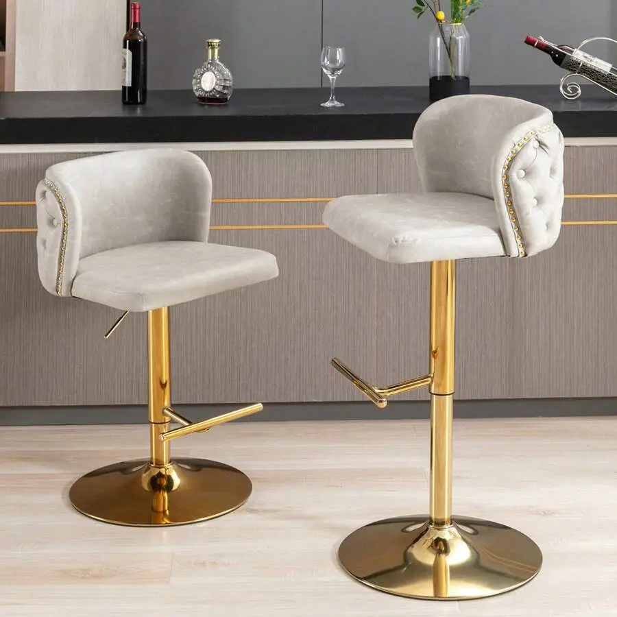 Counter Height Stools Set Of 2 Faux Leather Upholstered  Stool Adjustable  Height Kitchen Island Stool  Buttun Tufted Wingback   With Gold Metal Legs Bar gaming science chairs Double Sliding Tub Door