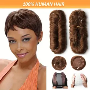 NEW Arrivals Hot Sell 28pcs Brazilian Virgin Human Hair Extensions Human Hair Bundles with Closure - 150% Density Full Head Coverage Quick Weave Bump Wig, Short Layered Pixie Cut with Bangs for, Natural Brown Color, Machine-Made Volume & Casual