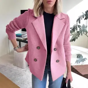 Women's New Double-Breasted Knit Blazer - Long Sleeve, Comfortable Outerwear for Office & Casual Use, Compatible with Raincoats