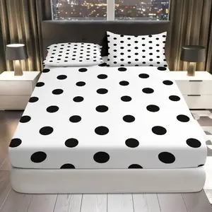 3Pcs Polka Dot Modern Chic Fitted Sheet Three Piece Set (1*Fitted Sheet+2*Pillowcases, Coreless), Home Decor theme, Modern Bedroom Bedding Set, Mattress protector Soft, Breathable