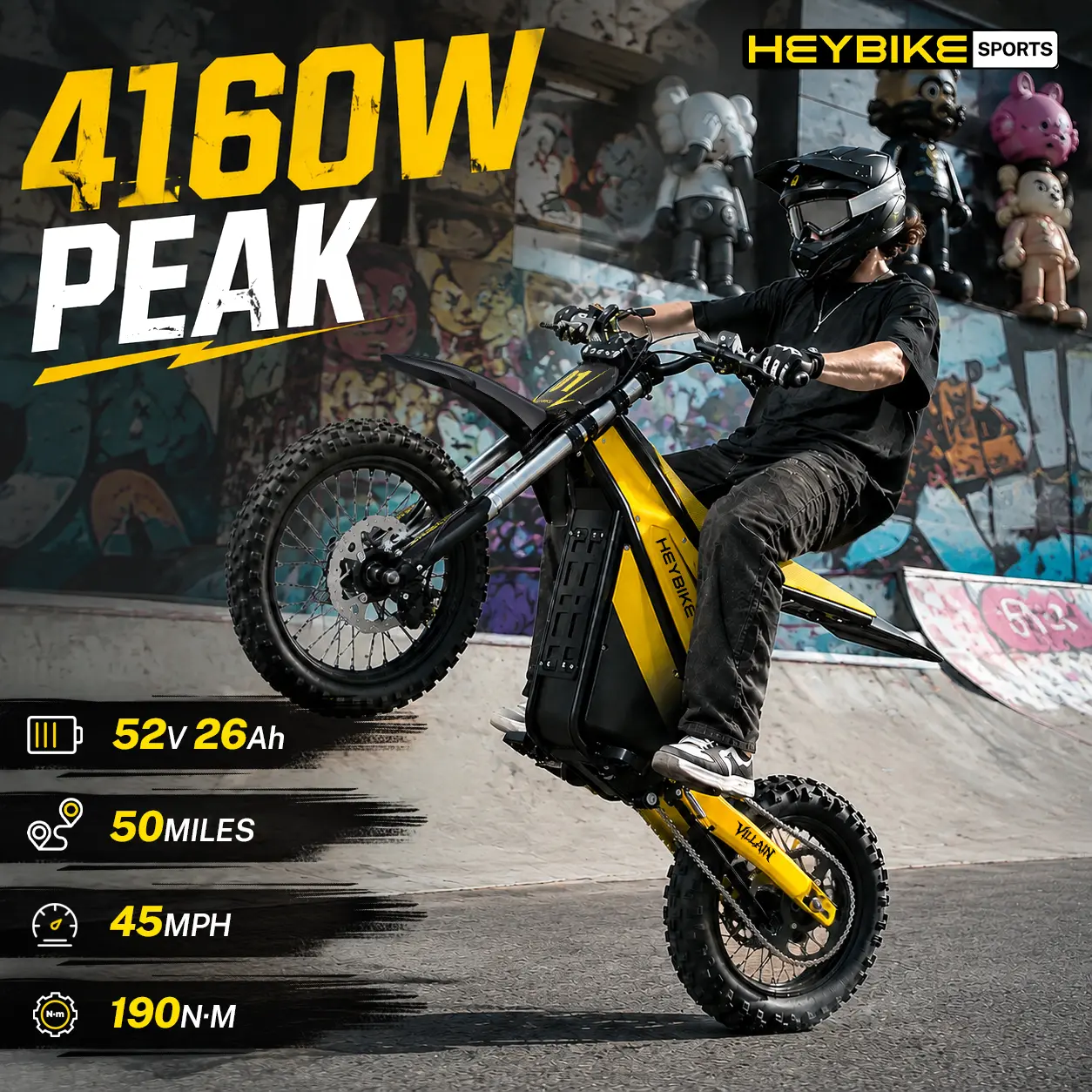 HEYBIKE VILLAIN/V1 Electric Bike | 52V 26Ah Removable Battery | 4160W Peak Mid-Drive Motor | 45 MPH Top Speed | 190 Nm Torque | Up to 50 Miles Range | 14"/12" Off-Road Tires | UL 2849 Certified | Hydraulic Brakes | Reverse Gear