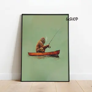 Bigfoot Fishing in Canoe Vintage Poster Art Funny Retro Sasquatch Print Cabin Wall Decor Outdoor Sports Fisherman Illustration Gift for Dad room poster Frames Glossy