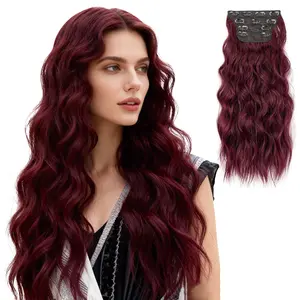 Clip-On Hair Extensions 4pcs 22inch Wine Red Hair Extensions Long Mermaid Wave Synthetic Clip-On Hair Pieces for Women (Multicolor)
