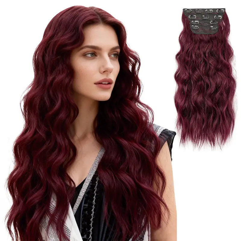 Clip-On Hair Extensions 4pcs 22inch Wine Red Hair Extensions Long Mermaid Wave Synthetic Clip-On Hair Pieces for Women (Multicolor)