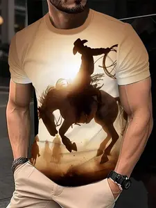 Men's Short Sleeve Western Cowboy & Horse Shirt, Sunset Cactus Silhouette Print, Casual Round Neck Top, Perfect Gift, Summer Wear