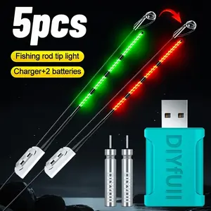 5-Piece Fishing Rod Tip Light Set, Fishing Accessories, Rechargeable Battery, USB Charger, Night Fishing Glow Stick, High Visibility, Gravity Sensor