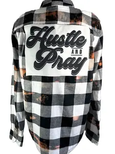 Made It Art Bleach Washed Flannel Sublimation Patch "Hustle and Pray" Black and White Mixed Sizes Available Menswear Print Shirts Tops Viscose Cotton Man Casual Collar