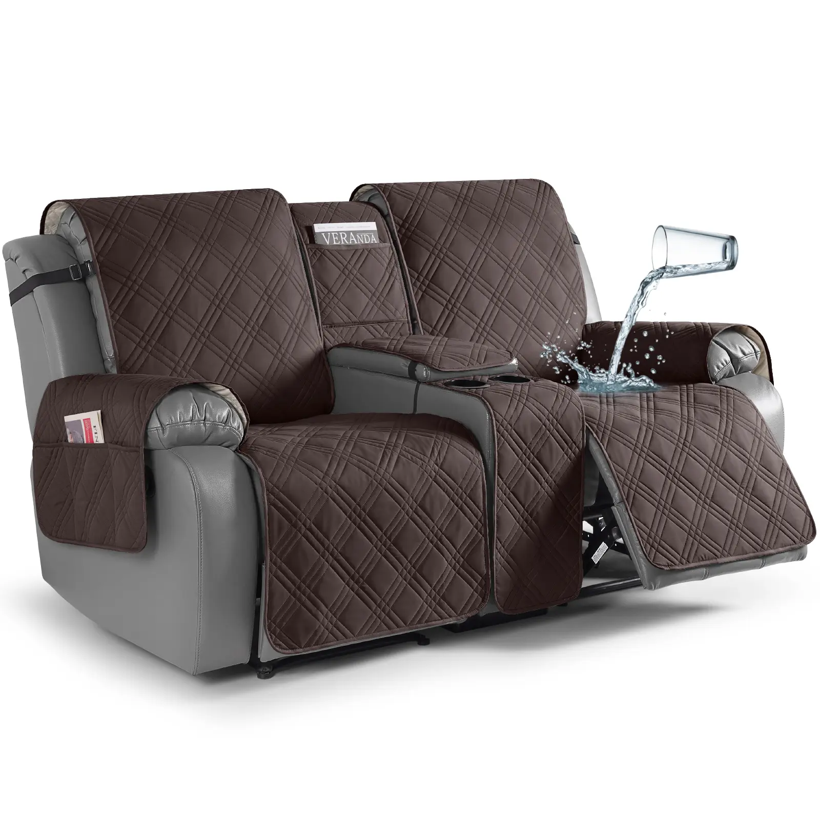 TAOCOCO 2 Seater Split Recliner Loveseat Cover with Console, Waterproof Non-Slip Reclining Sofa Furniture Protector with Side Pockets for Pets & Dogs