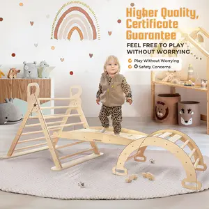 WANWOJOW Pikler Triangle Set Wooden Climbing Set for Children 1-3 Years Old with Wooden Climbing Frames, Ramps & Arches for Indoor Playtime - Nature Wood