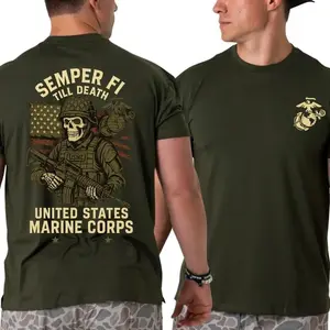 U.S. Marines T-Shirt Semper Fi Till Death Skeleton Marine with Rifle and American Flag Graphic 2 Sides Patriotic Military Tee with USMC Logo for Veterans 100% Cotton Classic Fit Unisex