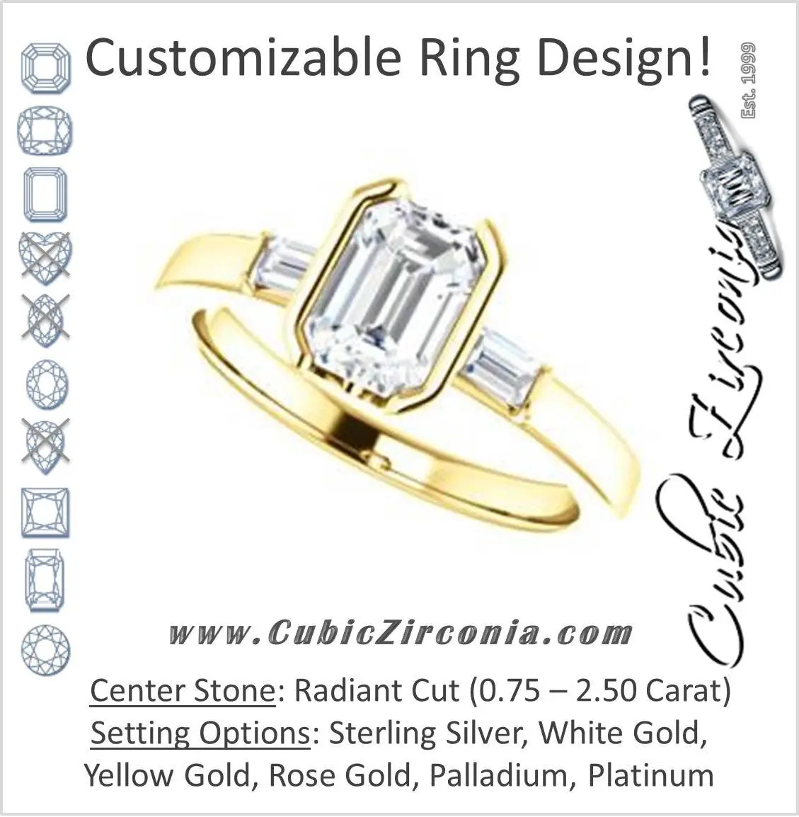 Cubic Zirconia Engagement Ring- The Stephanie (Customizable Bezel-set Radiant Cut 3-stone with Baguette Accents)
