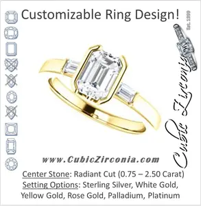 Cubic Zirconia Engagement Ring- The Stephanie (Customizable Bezel-set Radiant Cut 3-stone with Baguette Accents)