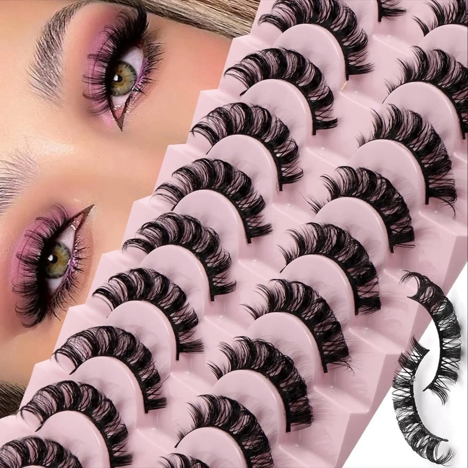 10 Pairs Faux Mink Russian Strip Lashes - D Curl 3D Effect Natural Look, Fluffy Volume Wispy Fake Eyelashes, Synthetic Lashes, Longer Looking Eyelashes, Natural False Eyelashes, Easy to Apply Long-Lasting for Daily Commute Date Party Makeup