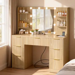Fabiula Fluted Makeup Vanity Desk with Large 23.2" Mirror and Lights, Modern Big Makeup Table with Power Outlet, 6 Shelves & 7 Drawers, 3 Color Lighting Modes, Dressing Table Vanity Set for Bedroom, Oak