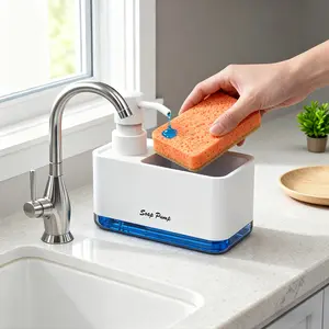 Multifunction Press Dish Soap Box with Sponge Caddy, Kitchen Counter Dishwashing Liquid Dispenser, Bathroom Soap Dispensing Organizer, BPA-Free Plastic with Leakproof Pump Design, Freestanding Home Cleaning Tool, Bathroom Accessory