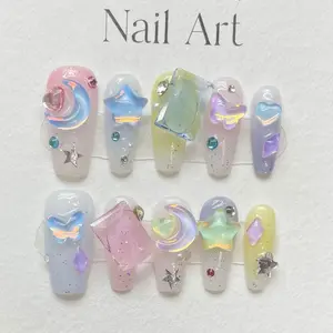 Press on Nails for Women Coffin Almond Creative Design Hand Drawn False Nails Reusable Nail Kits