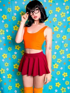 Brains of the Mystery Gang Costume Tank Top & Mini Skirt Set for Womens Cosplay Matte Collection 4-way Stretch Dritex Everyday Fashion Outfit Burgundy High-waisted Circle Skirt