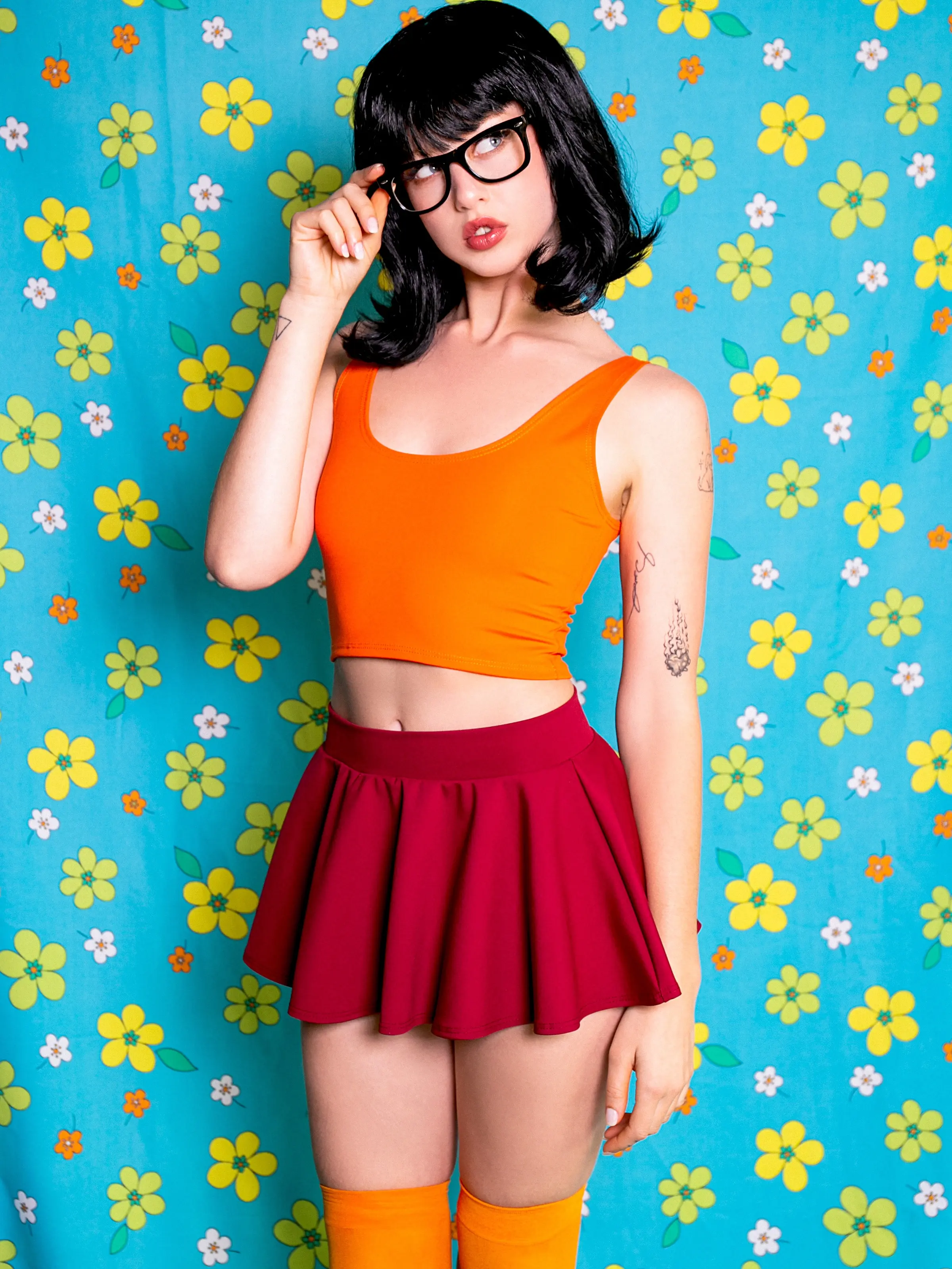 Brains of the Mystery Gang Costume Tank Top & Mini Skirt Set for Womens Cosplay Matte Collection 4-way Stretch Dritex Everyday Fashion Outfit Burgundy High-waisted Circle Skirt