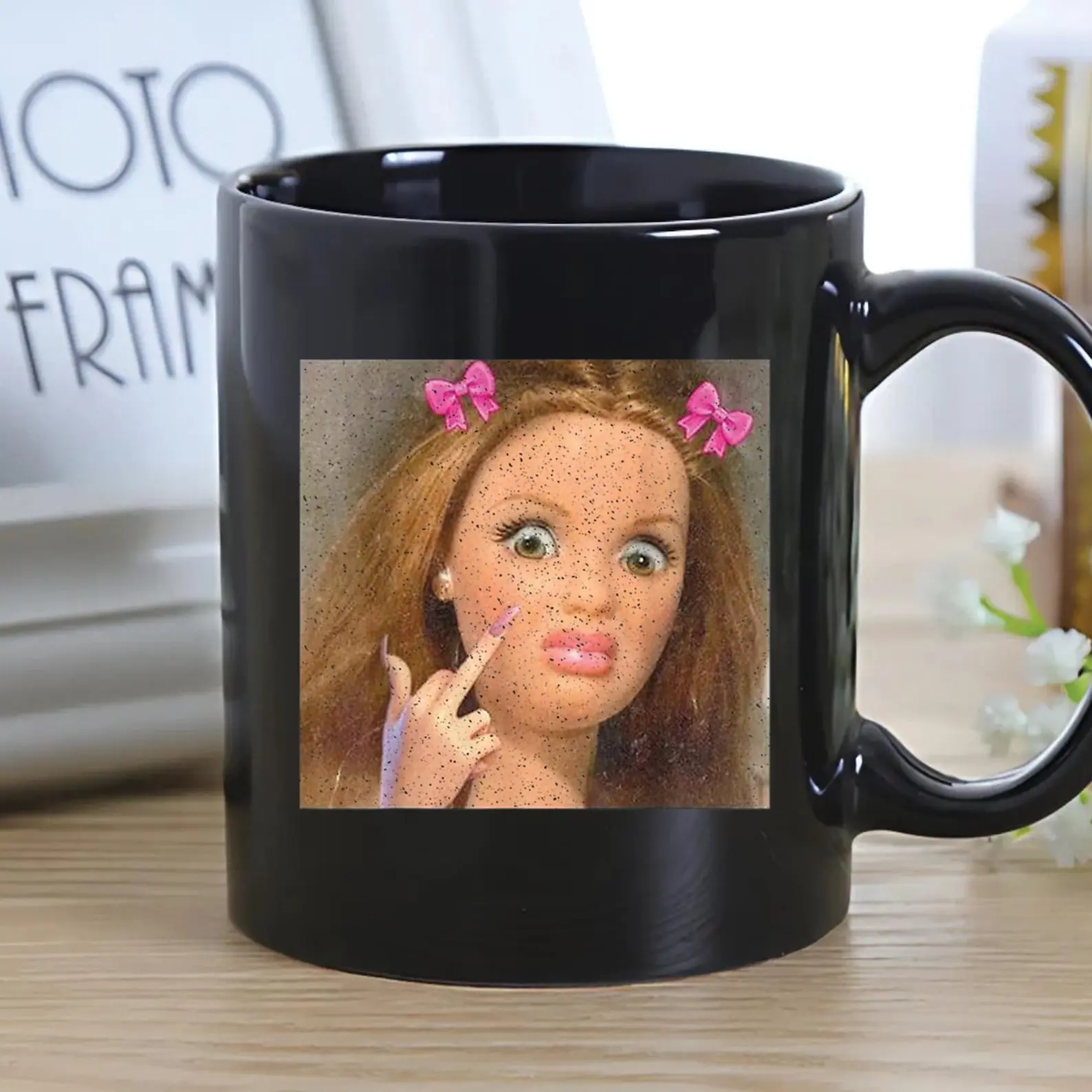Funny doll face mug, disgusted doll meme coffee mug, sarcastic reaction gift, strange humor tea mug, disjointed meme mug