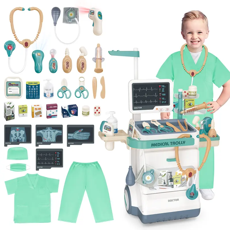 deAO Toys Doctor Kits Pretend Medical Station Set Role Play 16 PCS Medical Kit Toy with Sound Light Functions Doctor Roleplay for Kids