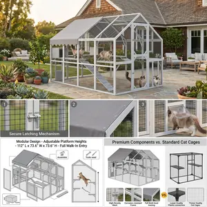 57.24ft² Catio Outdoor Cat Enclosure Super Large Wooden Catios for Cats Patio with Waterproof UV Protection Canopy, Outside Cat Run Enclosure Condon for Indoor Cats with Platforms, 2 Bridges, 2 Houses