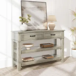 63" Natural Wood Console Table with PB Frame & 2-Tier Storage Shelf, Slim Sofa Table for Entryway, Living Room & Hallway