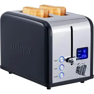 2-Slice Black Stainless Steel Compact Toaster for Home Kitchen & Dorms, 1.5'' Extra-Wide Slots, Large LED Display Screen, 6 Browning Settings, Cancel Mode, Bagel/Defrost Functions, Removable Crumb Tray