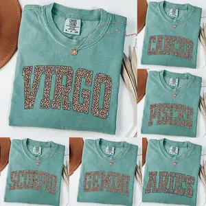 Comfort Colors Astrology Leopard Zodiac Shirt, 12 Horoscope Signs Tee, Aries Taurus Gemini Virgo Libra Scorpio Aquarius Pisces Gift, Trendy Aesthetic Casual Wear, Light Green Color