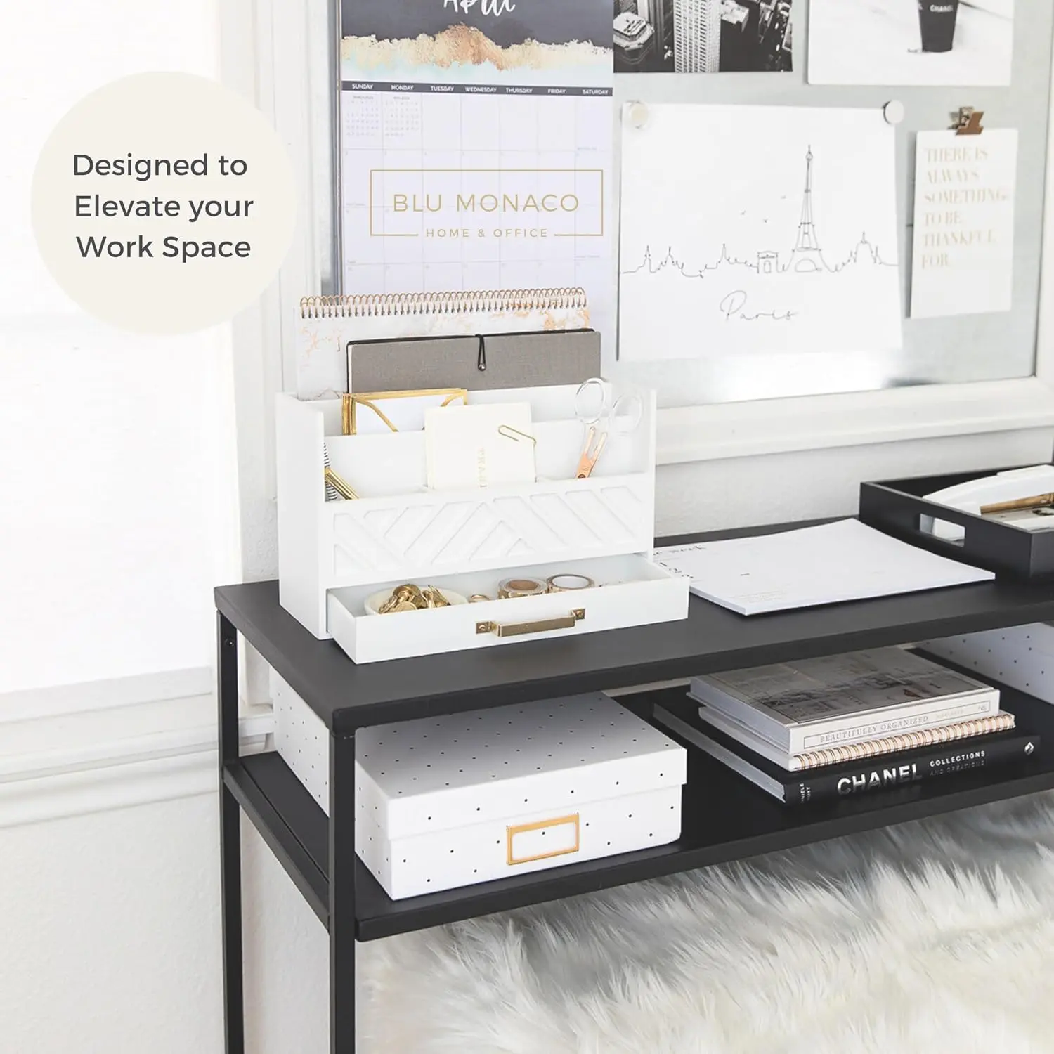 BLU MONACO | White Wooden Desk Organizer & Mail Organizer with Drawer & Gold Handle | Mail Sorter Countertop | 6 Compartments | White Desktop Organizer for Desk