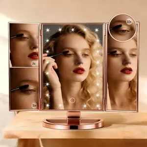 Hoodink Portable LED Light Makeup Mirror 3-fold Foldable Rechargeable Vanity Mirror with 2x 3x 10x Magnification, Touch Control Mirror for Travel Bedroom, Led Lighted Mirror