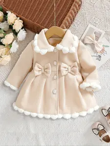Single Item  Sweet Girl Princess Style Girls' Coat, Casual Fashion Versatile, Girls' Clothing, Girls' Coat, Casual Cute Outerwear, Big Collar Hairball Edge, Paired with Double Bow and Sparkling Diamond Button, Valentine's Day Gift, Baby Girl Birthday Gift