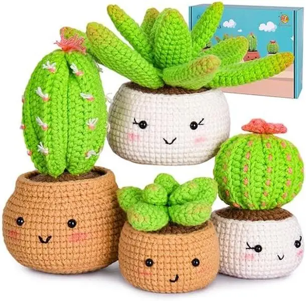 Crochetta Amigurumi Yarn Crochet Kits for Beginners - 4-Pack Plant Crafts, Step-by-Step Video Tutorials, DIY Gift, Cute Cartoon Craft Crochet Kits