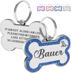 Dog Tags Personalized for Pets Dog Name Tags Personalized Dog Tag Engraved with Any Name & Text Custom Dog ID Tags Glitter Bone ID Tag for Puppy Cat (Blue S, Bone)
