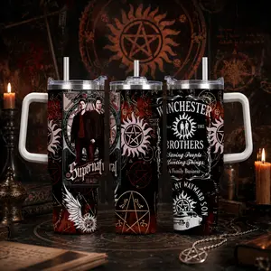 1 Piece Lyrichard 40 oz < Supernatural > TV Series Inspired Thermos Cup - Retro Winchester Brothers Design (With Handle, Leak-Proof Double-Wall Insulation, Can Keep Drinks Hot or Cold for a Long Time, 304 Stainless S