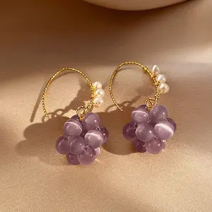Pearl Purple Cat's Eye Stone Earrings for Women, New Trendy Sweet Grape Ball Ear Hooks, Fashionable Design Earrings