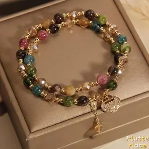 Double Layer Rainbow Tourmaline Beaded Bracelet, Boho Crystal Jewelry with Longevity Lock Charm, Trendy Healing Energy Bracelet for Yoga, Meditation, Daily Wear & Gift Giving