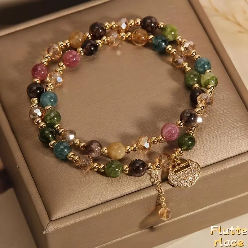 Double Layer Rainbow Tourmaline Beaded Bracelet, Boho Crystal Jewelry with Longevity Lock Charm, Trendy Healing Energy Bracelet for Yoga, Meditation, Daily Wear & Gift Giving