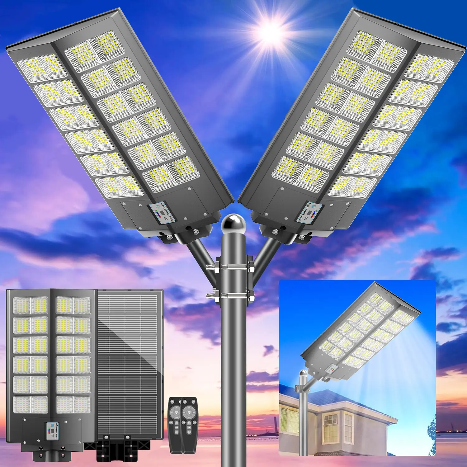 2 Pack 9000W Solar Street Light, Wide Angle Solar Lights Outdoor IP67 Waterproof, 6500K Dusk to Dawn, LED Security Flood Light with Motion Sensor and Remote Control for Residential Commercial Yard Solar Spotlights
