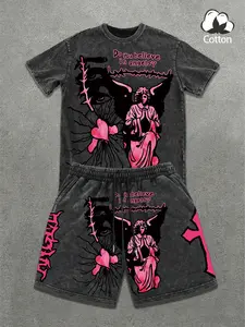 Unisex Dark Sweet Cool Angel Thorn Print Set, Angel Heart Love Slogan, Soft Cotton Fabric, Round Neck, Daily Wear, Gothic Style, Gothic Clothes