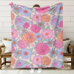 Vintage Floral Flannel Throw Blanket – Soft Breathable Blanket with Pink, Orange & Blue Flowers for Sofa, Bed, Home Decor