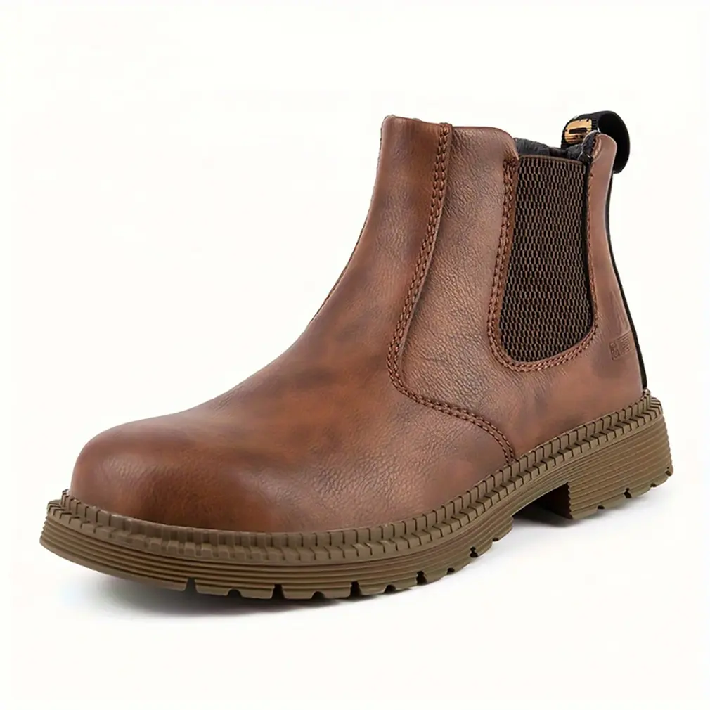 Men's Steel Toe Work Boots, Chic Slip-on Safety Walking Shoes, Waterproof Puncture Resistant Rubber Sole for Construction
