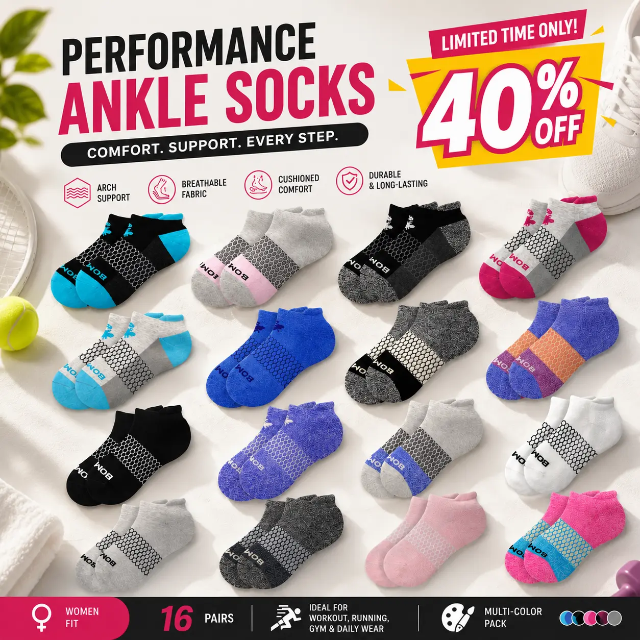 Pack 1/3/5 Bombas Ankle Socks, Cushioned Footbed & Honeycomb Arch Support, Seamless Toe, Blister Tab, Soft Cotton Blend, Size S, M, L, Women's Men's Daily wear