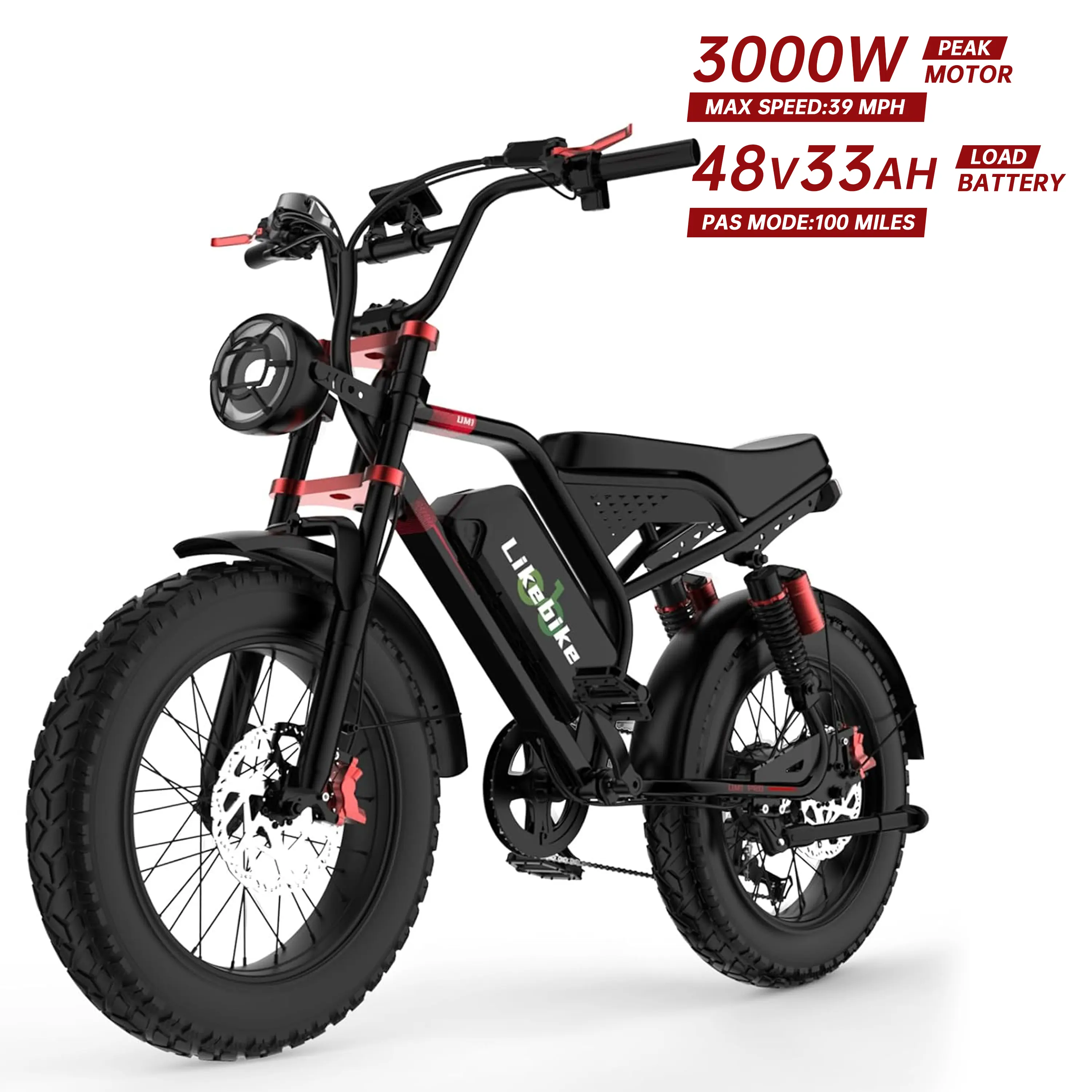 Electric Mountain Bike for Adults, 3000W Peak All-Terrain E-Bike with Adjustable Full Suspension, 20" Fat Tires, 39 MPH, 100 Mi Range, 48V 33Ah Removable Battery, 7-Speed, Hydraulic Brakes for Commuting, Portable Bluetooth Speaker, 85% Pre-Installed, Easy