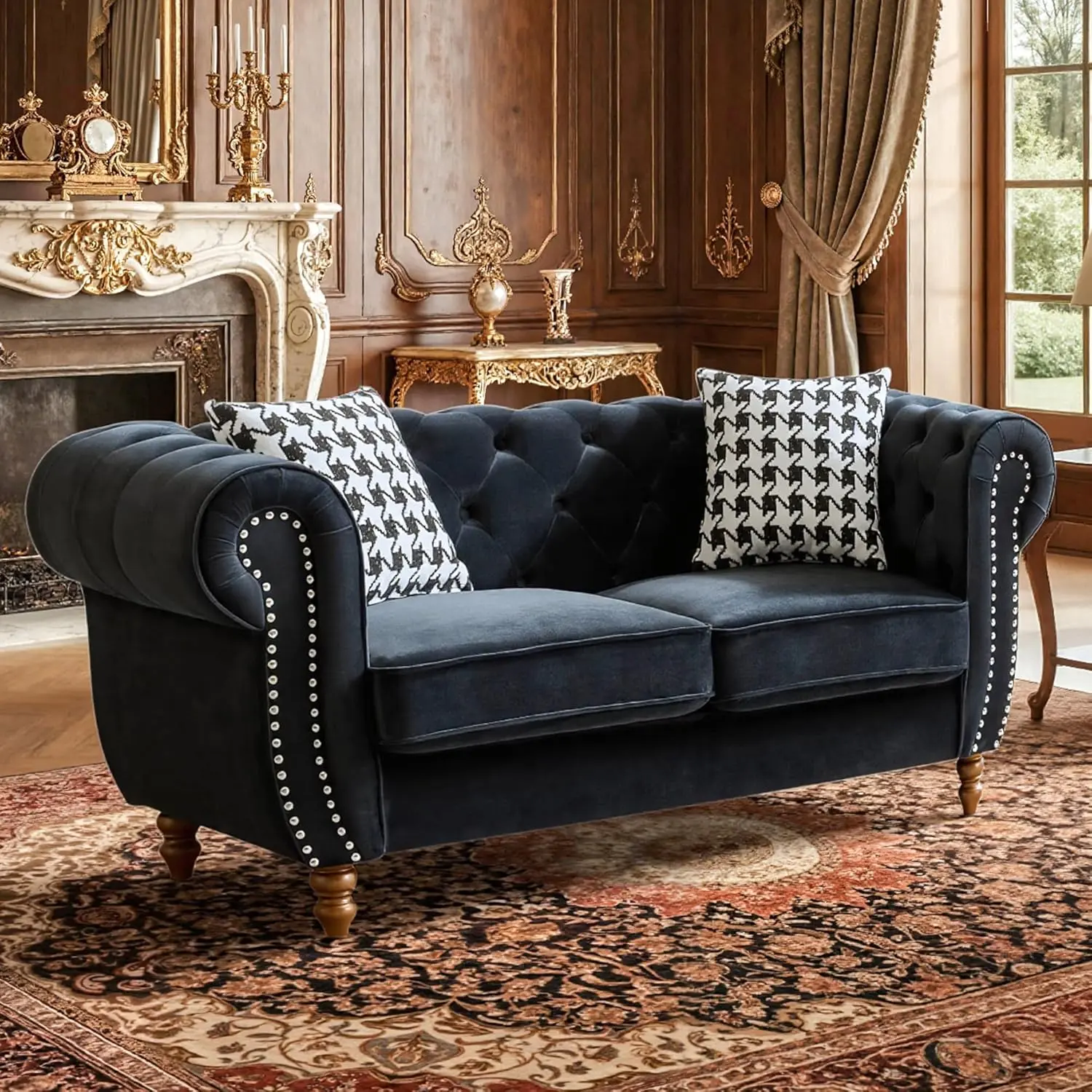 67" Velvet Tufted Loveseat Sofa for Living Room, Elegant 2 Seater Upholstered Chesterfield Couch with Nailhead Rolled Arms and 2 Pillows for Apartment, Home Office, Studio, Black