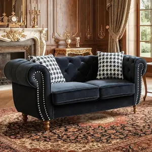 67" Velvet Tufted Loveseat Sofa for Living Room, Elegant 2 Seater Upholstered Chesterfield Couch with Nailhead Rolled Arms and 2 Pillows for Apartment, Home Office, Studio, Black