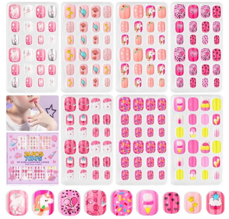 SAVILAND Press on Nails for Kids 168PCS: Kid Press on Nail for Girls Colorful Patterns Kids Fake Nails Tips Strong Adhesion Short Square False Acrylic Nail Art Christmas Easter Gifts 8-12 Years Child