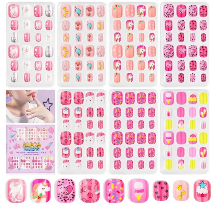 SAVILAND Press on Nails for Kids 168PCS: Kid Press on Nail for Girls Colorful Patterns Kids Fake Nails Tips Strong Adhesion Short Square False Acrylic Nail Art Christmas Easter Gifts 8-12 Years Child